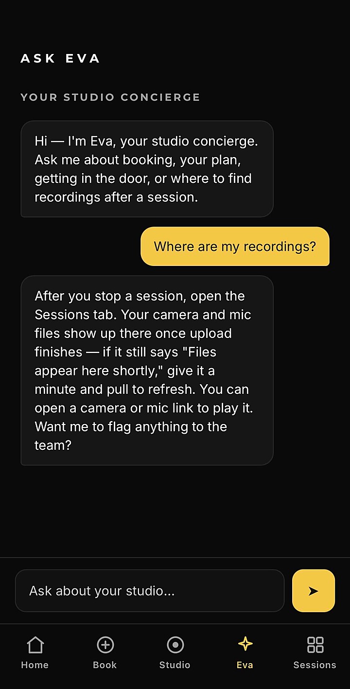 Eva, the in-app studio concierge, answering a question about where recordings are