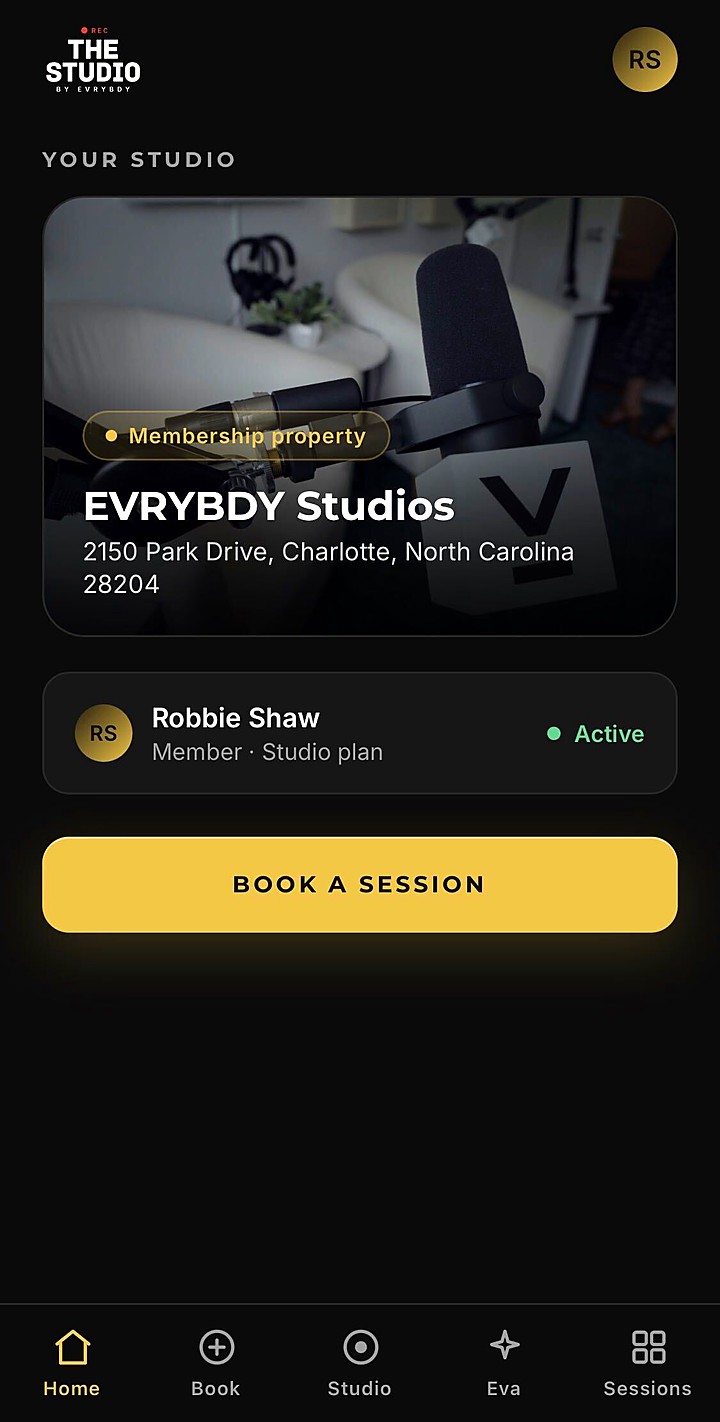 The Studio app home screen showing the Charlotte studio as an active membership property