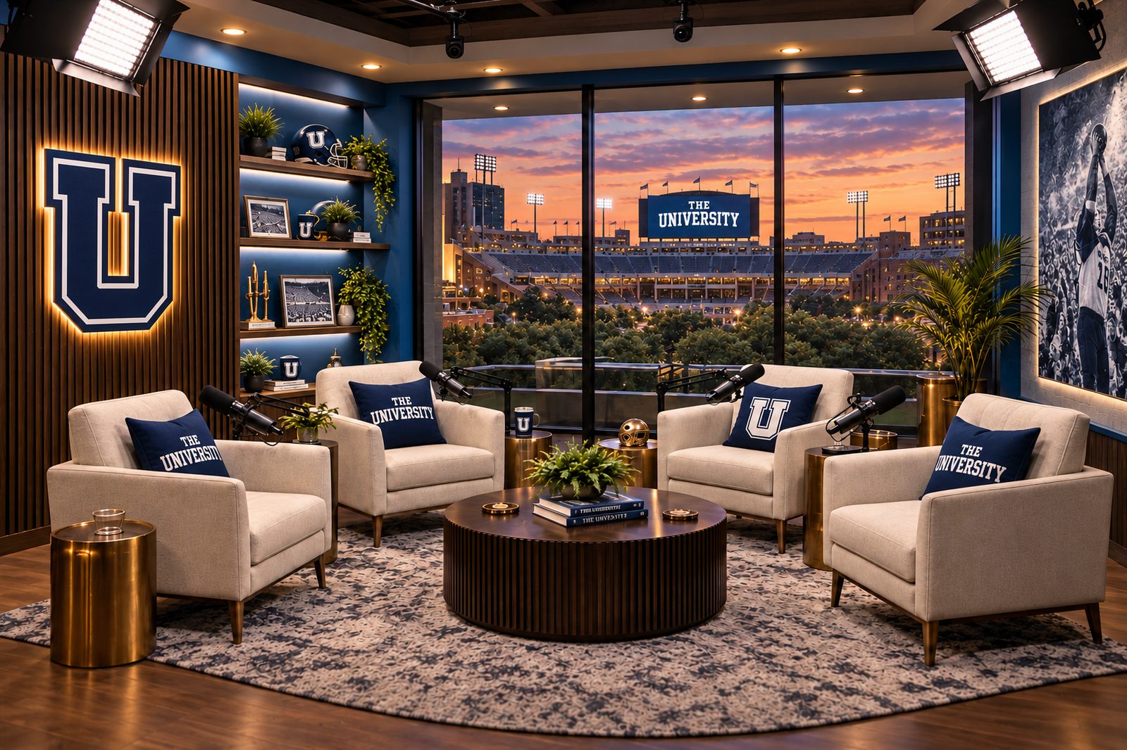University athletics studio concept with a stadium view